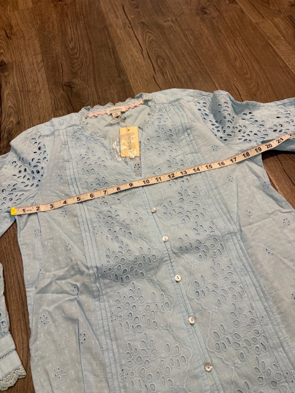 Sundance Valeria Eyelet Floral Aqua Button Up Shirt PS Boho Prairie Cottagecore - Picture 9 of 10